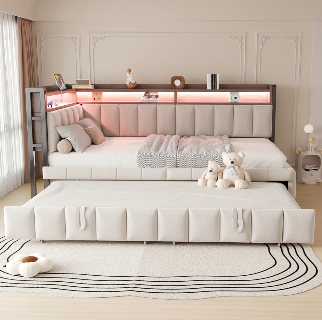 Divano letto multifunzionale 90x200 cm in velluto beige con letto estraibile; LED e USB