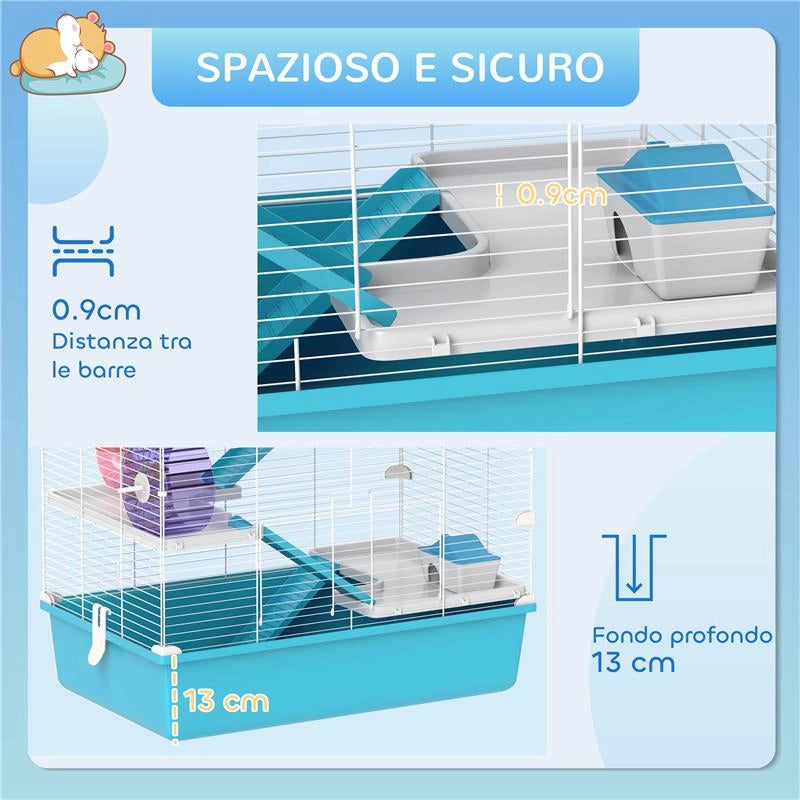 GABBIA PER CRICETI 6 LIVELLI CON TUNNEL RUOTA RAMPE CASETTA BOTTIGLIA E CIOTOLA 58X36X81 CM AZZURRO