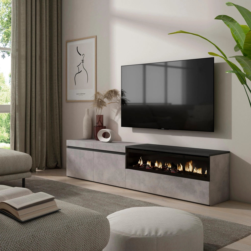 Mobile TV, 200x35x45cm, soggiorno, Per TV fino a 80", Camino elettrico, grigio cemento RF2229