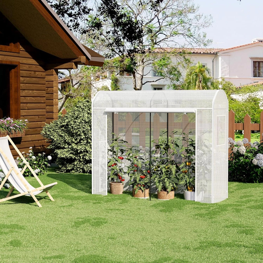 Serra da Giardino a Tunnel, Copertura per Piante da Esterno, in Rete PE e Tubi d’Acciaio Zincato, Porta Avvolgibile con Cerniere e 2 Finestre Laterali,170x68x200 cm, Bianco