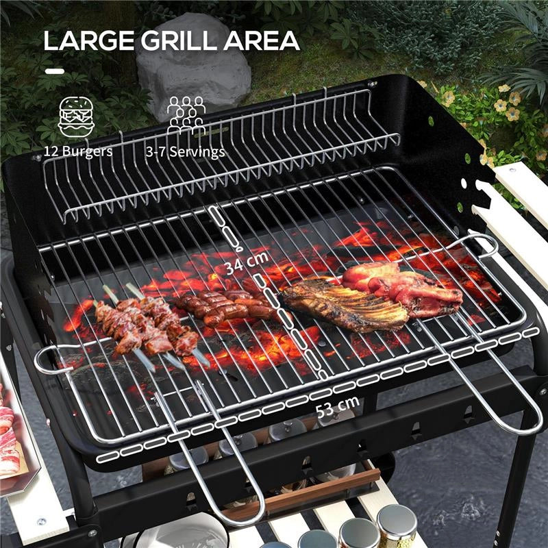 BARBECUE A CARBONELLA AD ALTEZZA REGOLABILE CON 3 RIPIANI E VASSOIO IN METALLO LEGNO 113X53.5X82.5 CM NERA