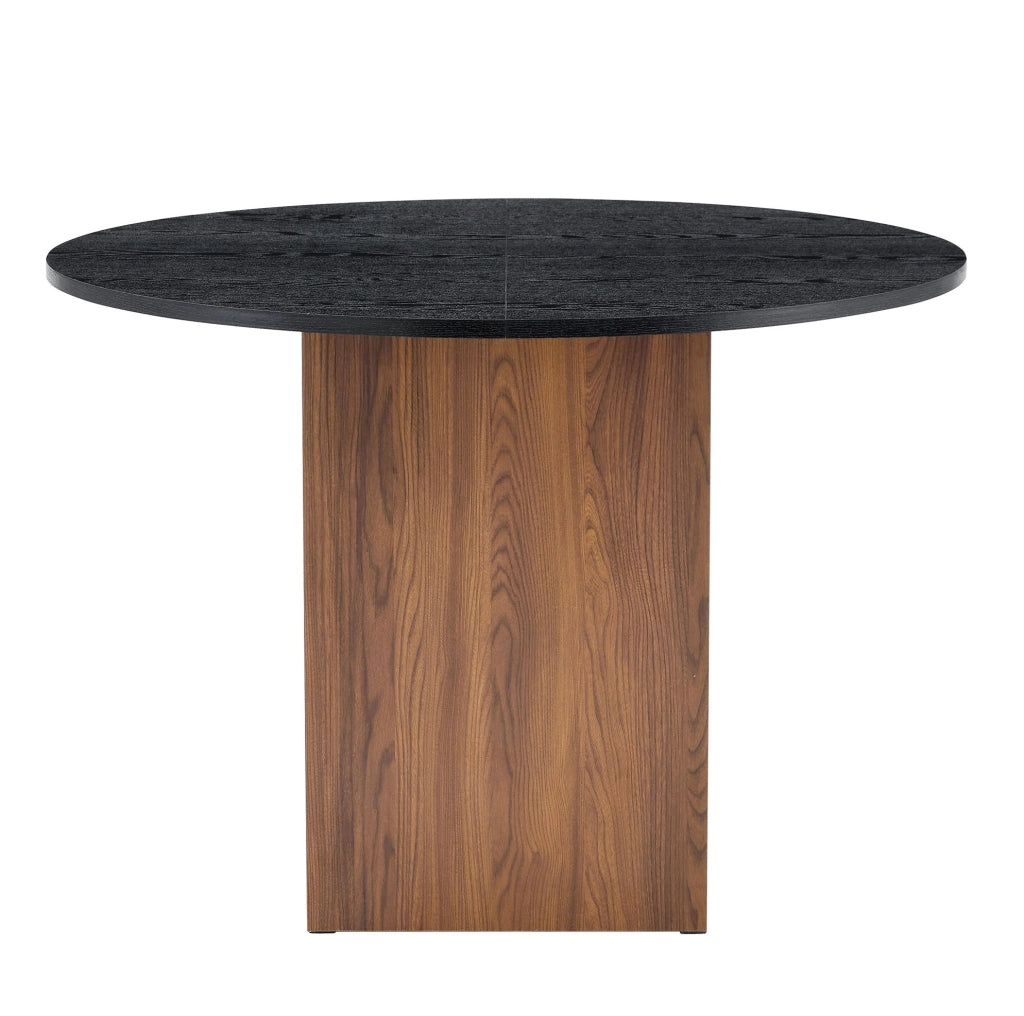 Tavolo da pranzo rotondo 100 cm con vani contenitore; effetto noce e nero; in MDF