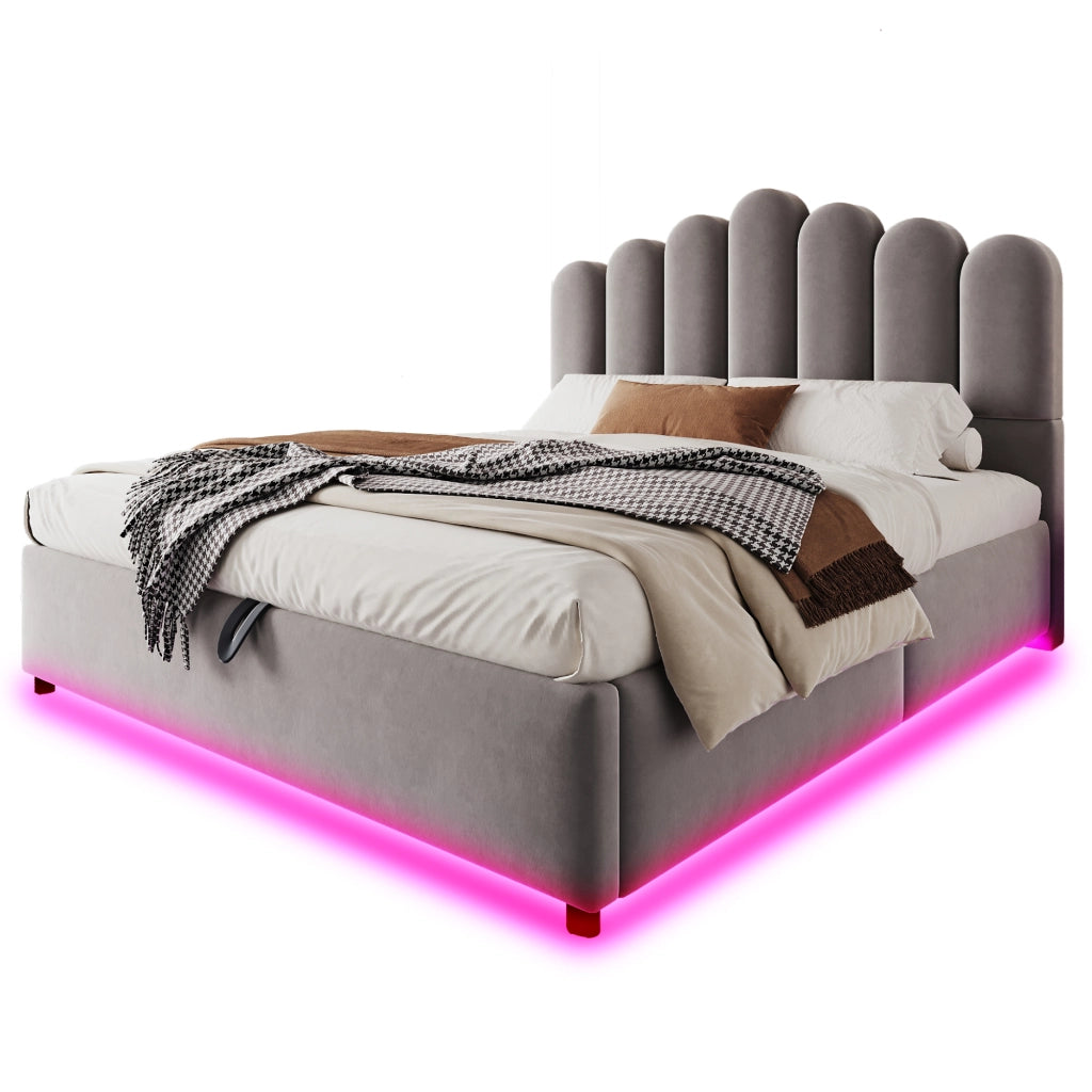Letto imbottito 140x200 cm in velluto grigio con contenitore idraulico, LED e rete a doghe