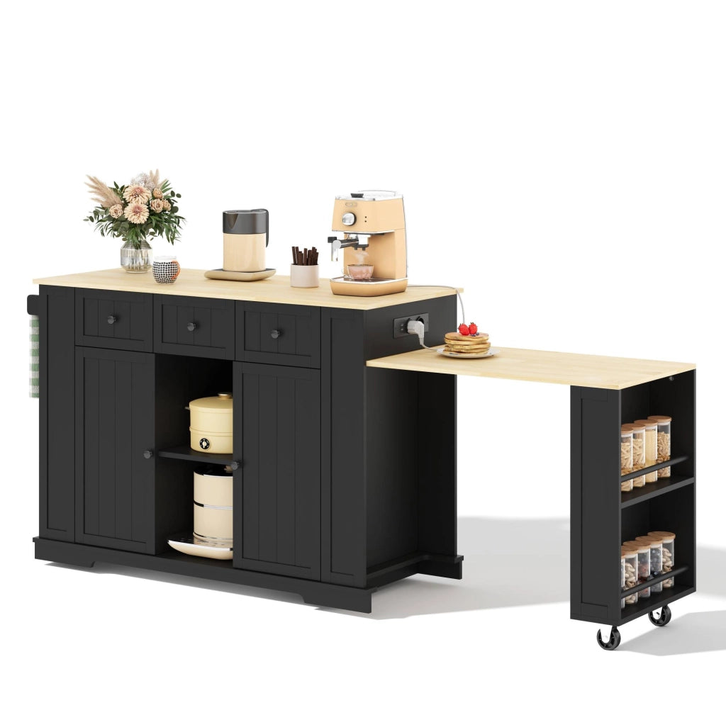 Isola da cucina mobile con tavolo estraibile; prese USB e 2 prese EU; 138(213)x55x93 cm; nero e naturale