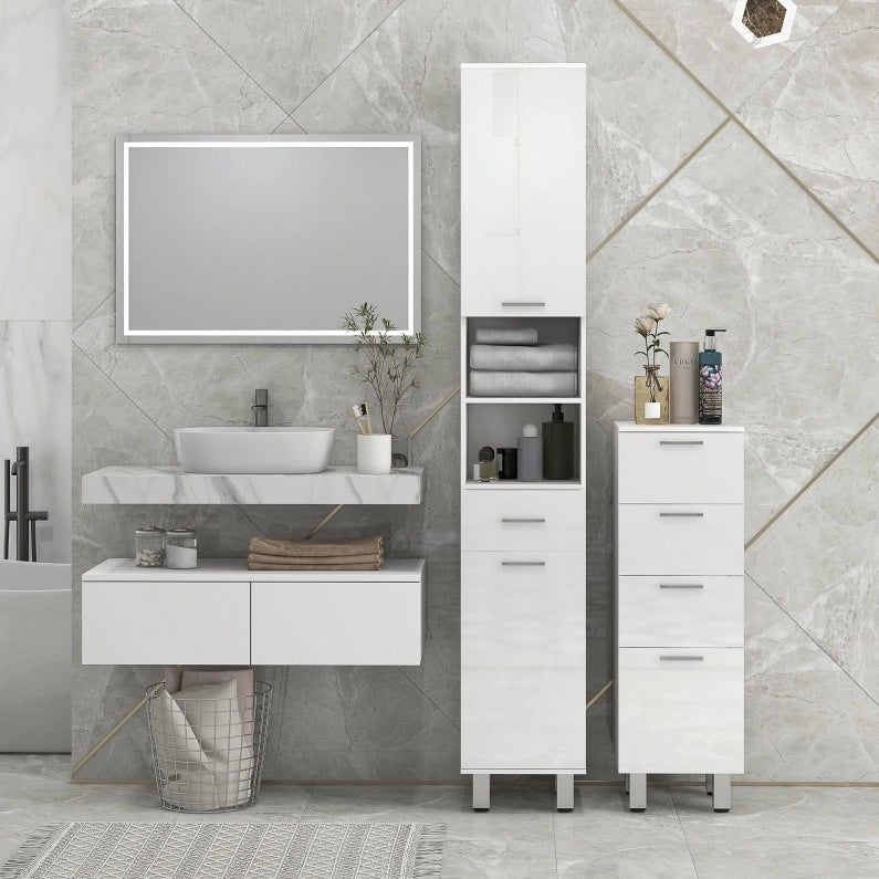 Mobile bagno alto bianco con ripiani regolabili e cassetto