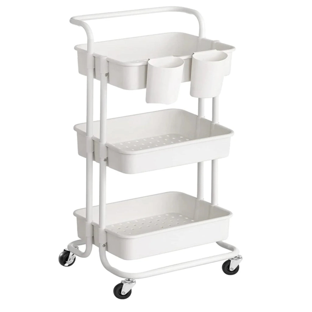 Carrello di servizio mobile a 3 livelli con ruote ripiano portaoggetti con maniglia 2 pentole 2 freni cestini in plastica facile da montare per camera da letto cucina bianco 12_0005039