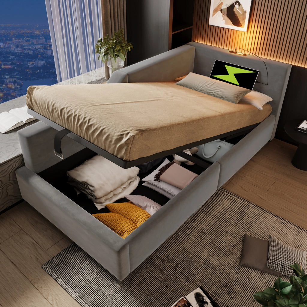 LETTO Tagesbett 90x190 cm in velluto grigio con lampada da lettura e USB-C