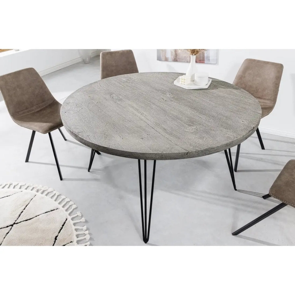 Table SILVA – Legno di mango grigio e metallo nero – 80 cm – Forma rotonda – Stile contemporaneo