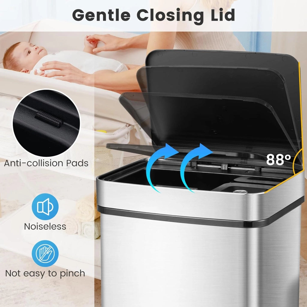 Pattumiera da 72 l, 4 scomparti, con sensore di movimento, pattumiera da cucina in acciaio inox, pattumiera a pedale con coperchio delicatamente chiuso e rimane aperto, cestino per la cucina