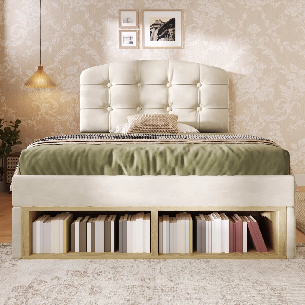 LETTO imbottito 90x200 cm in velluto beige con testiera regolabile e cassetti