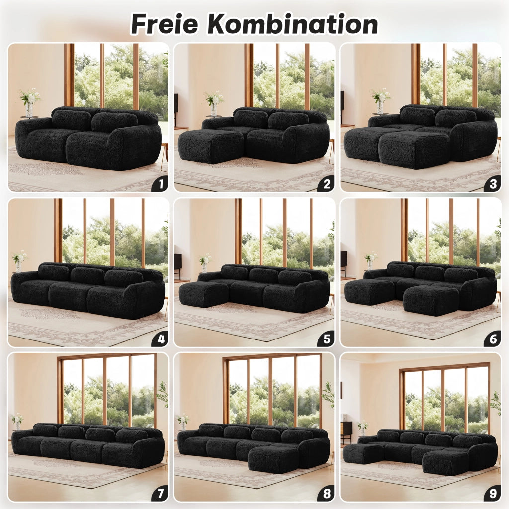 OKWISH Divano Modulare 4 Posti, Design Ergonomico con Pouf Collegabile e Cuscini, Peluche, Nero