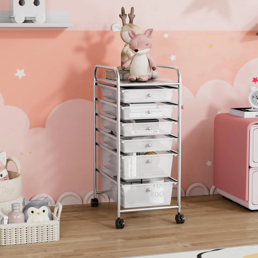 6 Cassetti Carrello di Conservazione, Torre di Stoccaggio Scrivania su Rotelle, Carrello con Ruote Bloccabili con Telaio in Metallo, Ideale per Ufficio, Soggiorno, Camera da Letto (Trasparente