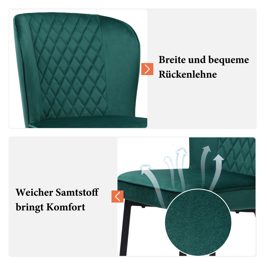 Sedia da pranzo in velluto con schienale ergonomico e struttura in metallo verde moderna per cucina e soggiorno