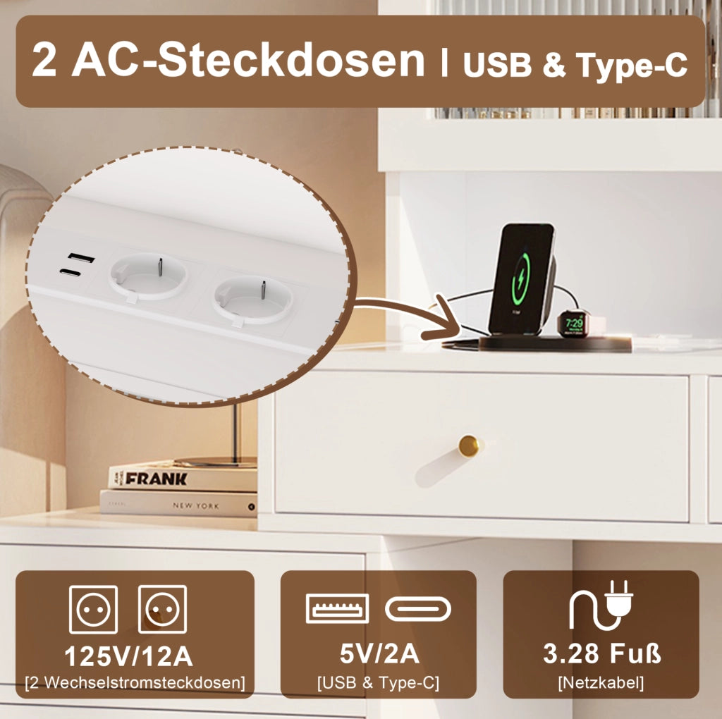 Toeletta con specchio LED; USB Type-C e 2 prese; 3 cassetti; 140x40x140 cm; bianco