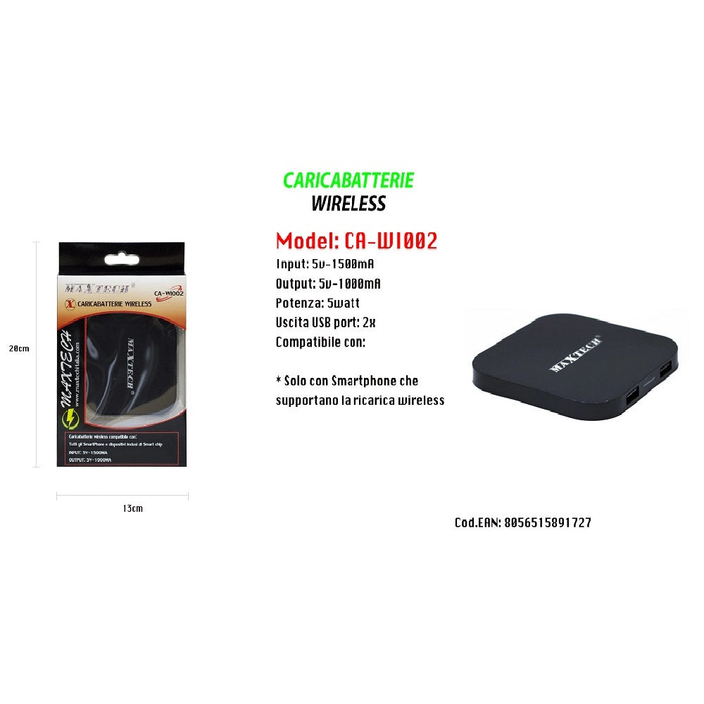 Trade Shop - Caricatore Wifi Ricarica Wireless Smartphone Portatile 5v-1500ma Maxtech Ca-wi002 -