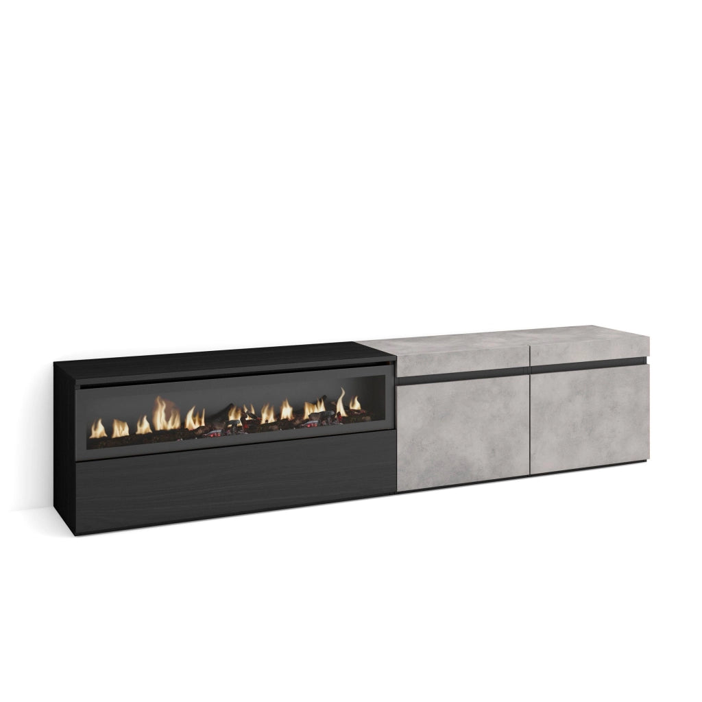 Mobile TV, 200x35x45cm, soggiorno, Per TV fino a 80", Camino elettrico, grigio cemento RF2235