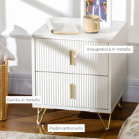 Comodino con 2 Cassetti 40x40x47 cm in Legno con Maniglie e Gambe in Metallo Bianco e Oro