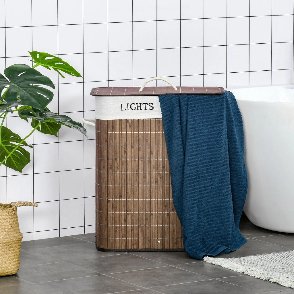 CESTO PER BIANCHERIA IN BAMBÙ DA 100 LT CON 2 SCOMPARTI + COPERCHIO E MANIGLIE COLOR MARRONE