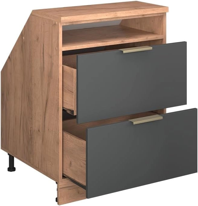 Mobile sottotetto Rion, Antracite-oro, 60 x 81.6 cm con 2 cassetti, carcassa 60 cm profondità, adatto per il salvaspazio sotto tetti spioventi