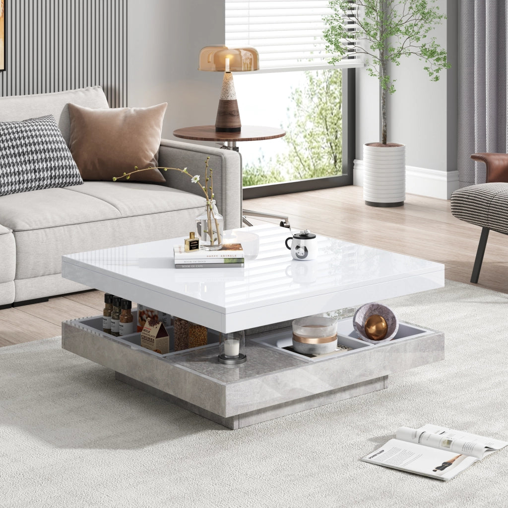 Tavolino da caffè con piano girevole a 360° e vano - per soggiorno - in truciolare - 70×70×36 cm - bianco e marmo
