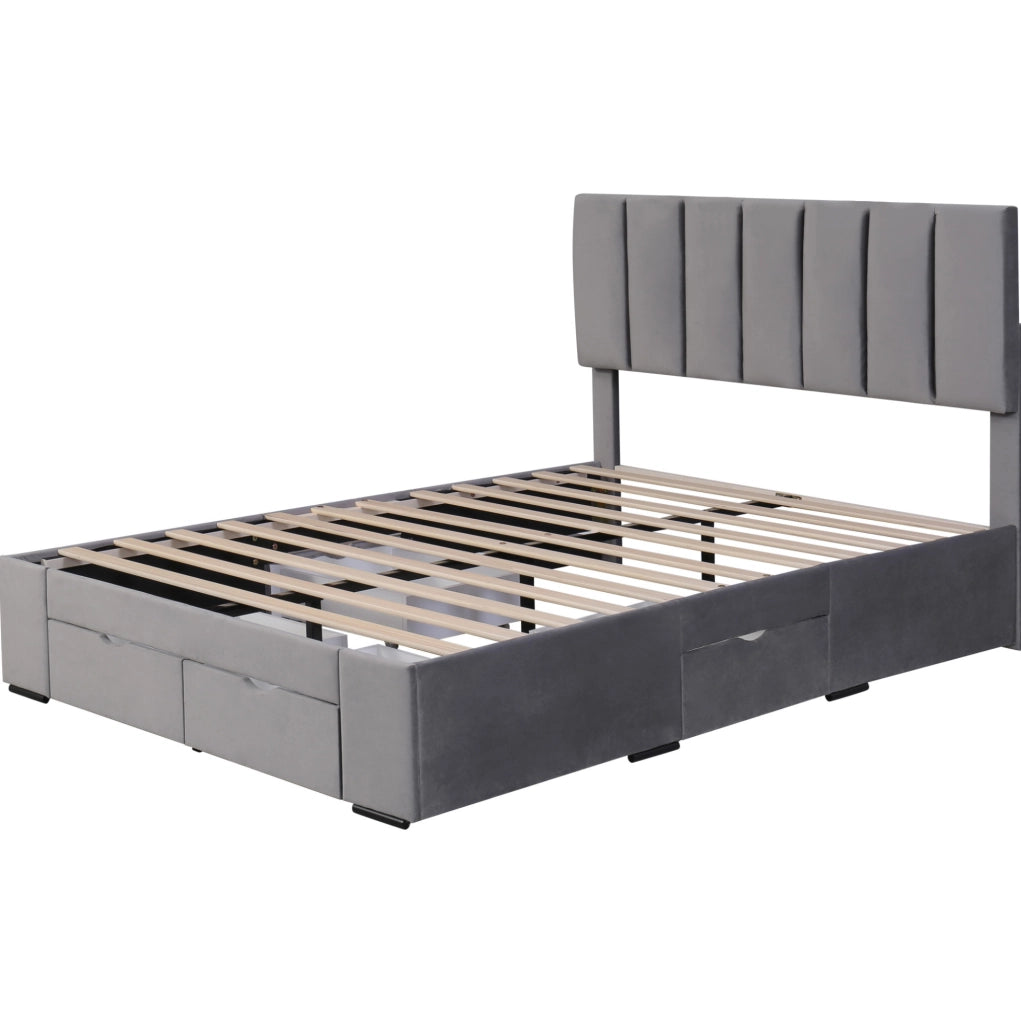 Letto imbottito 140x200 cm; con 4 cassetti e testiera regolabile; velluto grigio (Senza materasso)