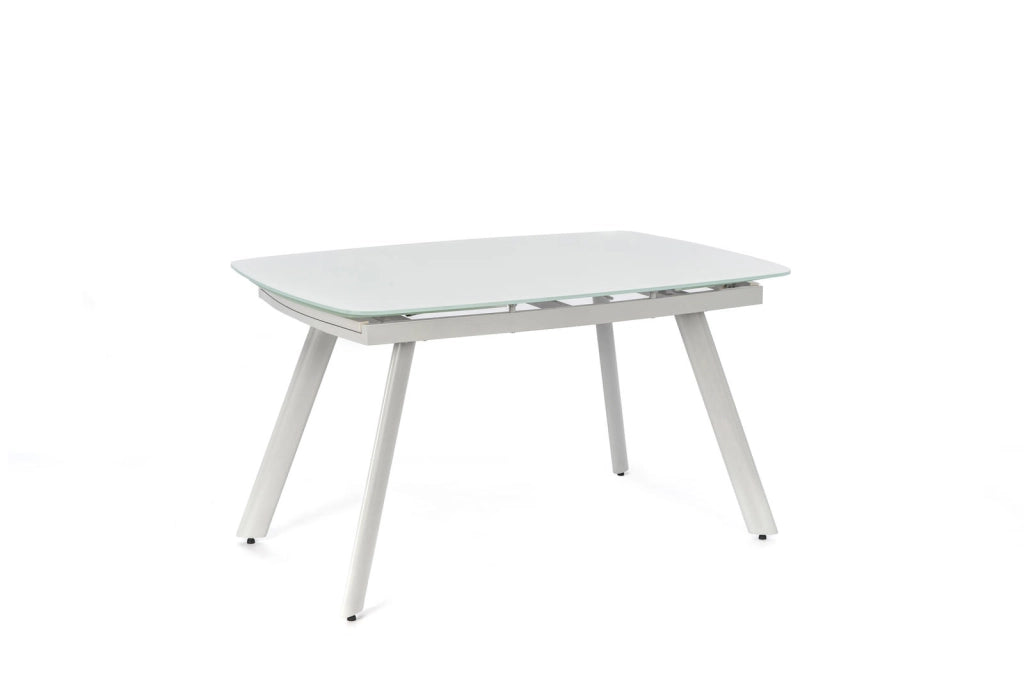 Tavolo allungabile Phil moderno con top in vetro temperato extra white e struttura in metallo grigio chiaro, 140/175/210 cm - Phil