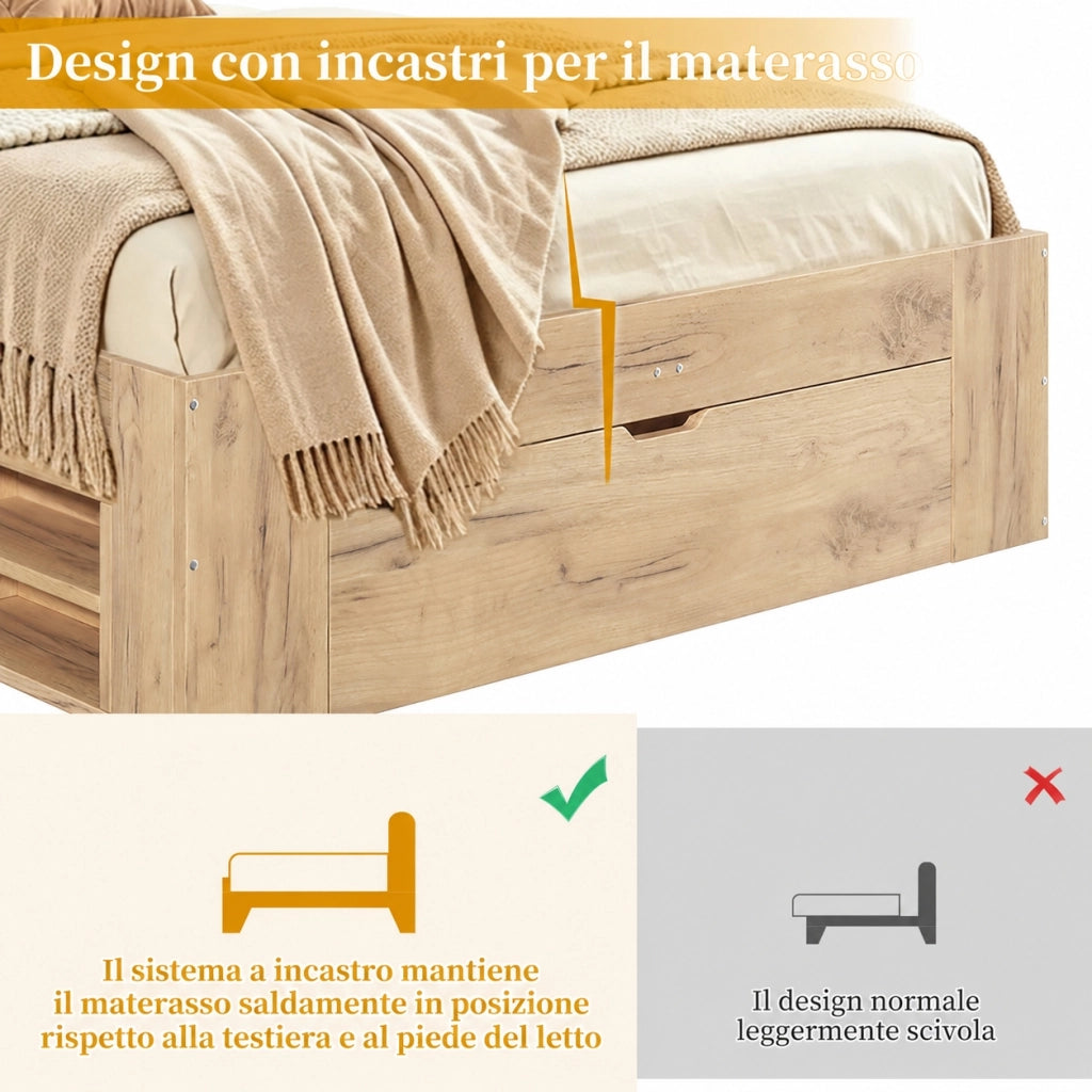 Letto contenitore 140x200 con luce USB USB-C e testiera imbottita in PU MDF naturale