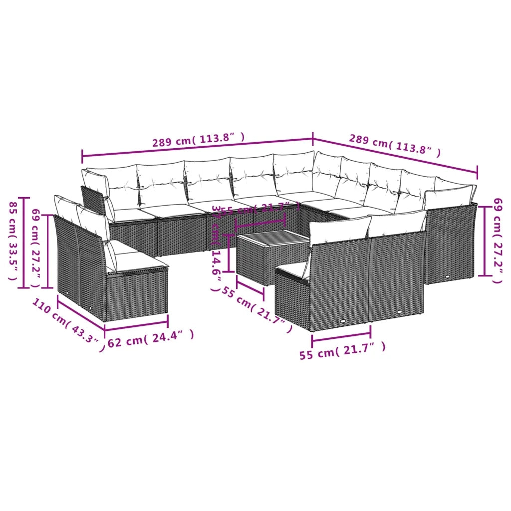 Set Divani da Giardino 14pz con Cuscini in Polyrattan Beige 3256268