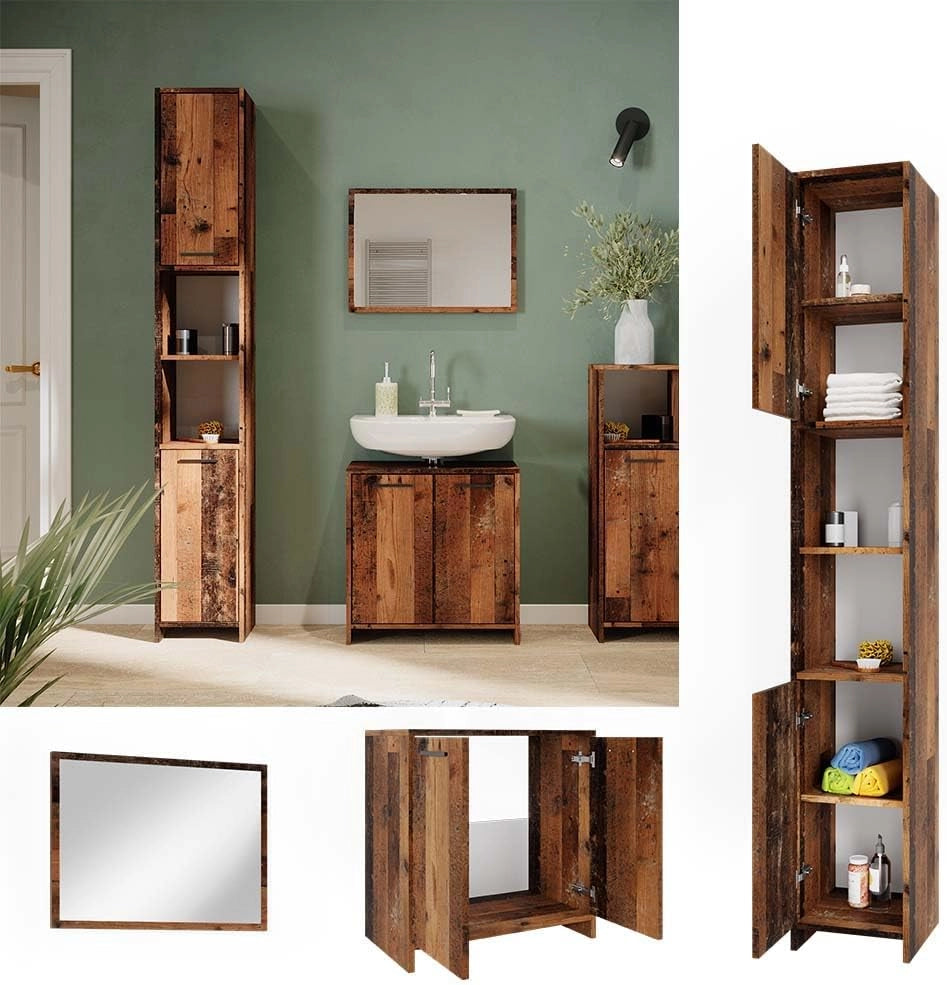 Set mobili bagno Kiko, Rovere rustico, 58 cm, composto da mobile sottolavabo, specchiera e colonna alta
