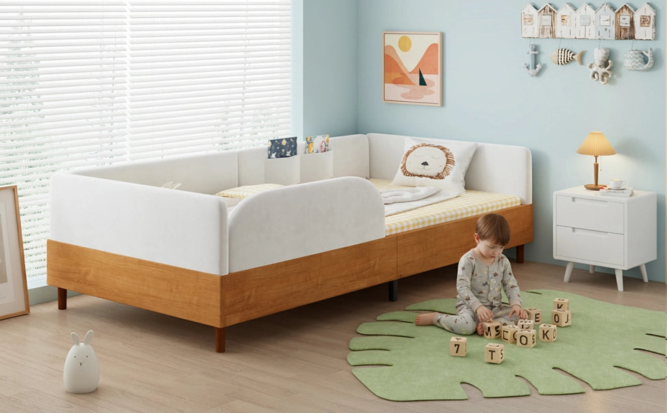 Letto singolo imbottito in velluto e legno 90x200 bianco 2 tasche bordo antiurto