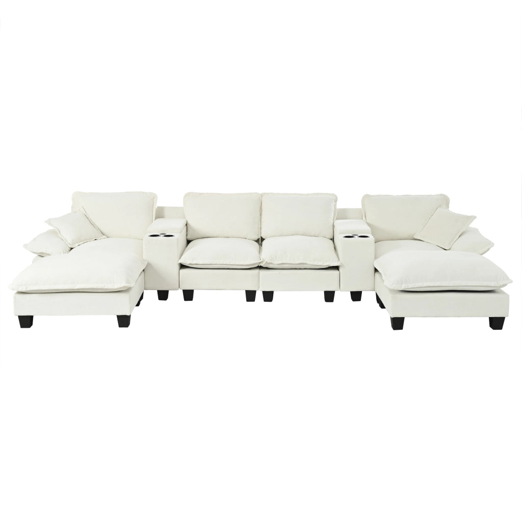 Divano panoramico a U modulare con contenitore; portabicchieri e USB in chenille beige 392×151×90 cm