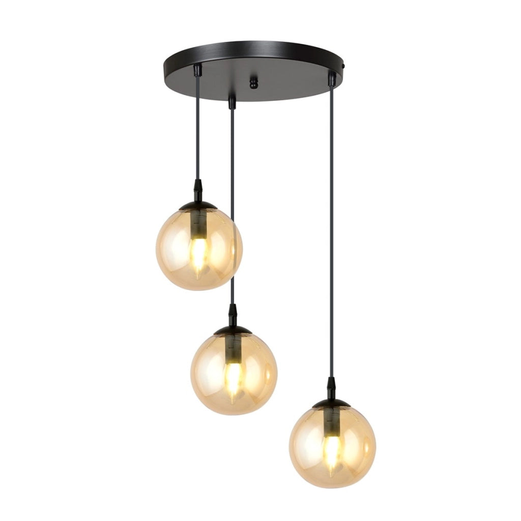 Lampada a sospensione Cosmo in acciaio nero e vetro ambra