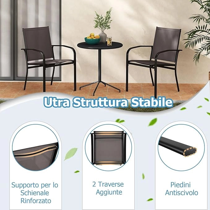 Set di 2/4 Sedie da Pranzo per Esterni, Sedia da Giardino Impilabili con Tessuto Traspirante, Braccioli, Schienale Alto e Telaio in Metallo, Portata 150 kg (Grigio,4)