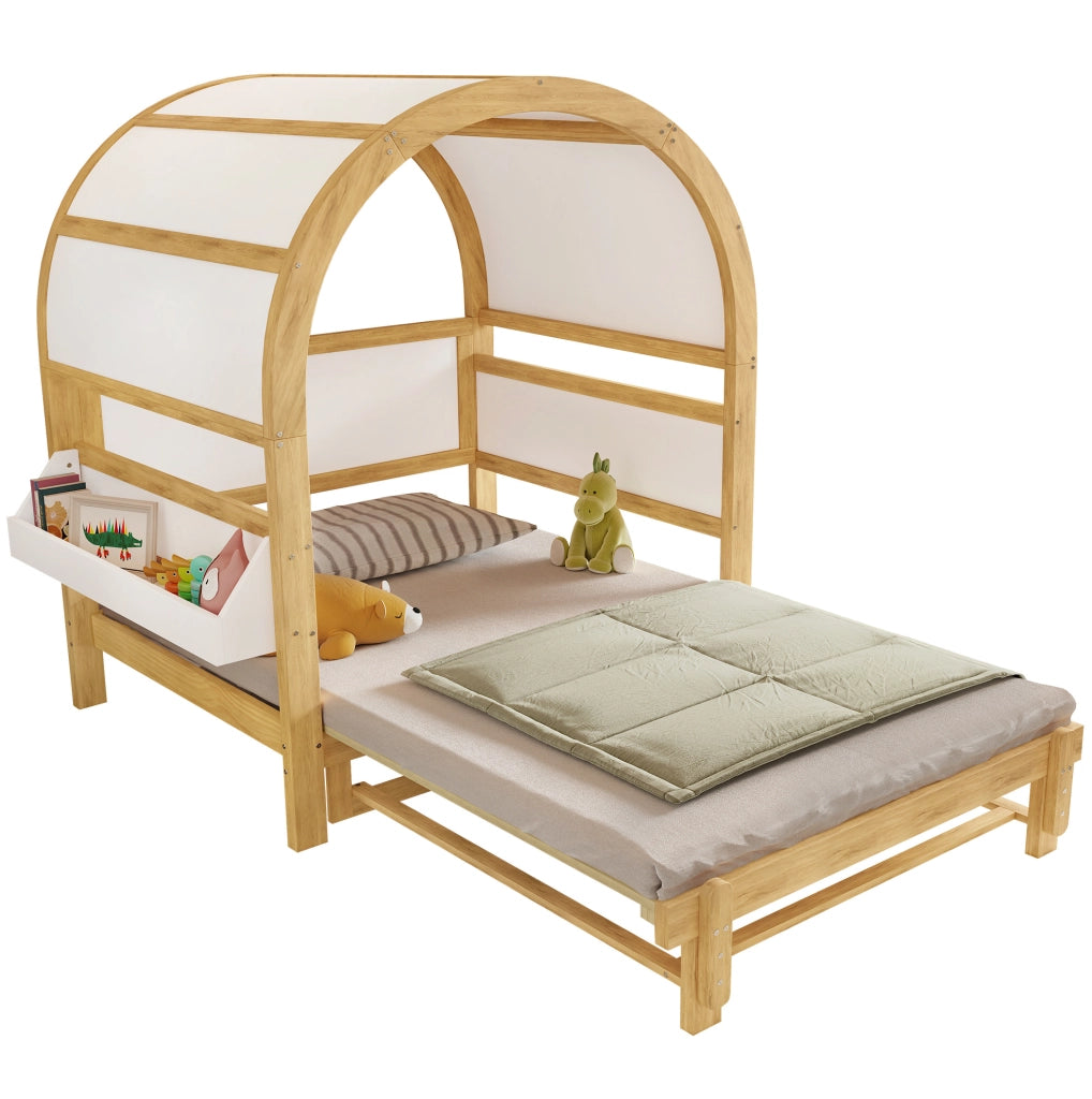 Letto per bambini a casetta con letto estraibile 140x200 cm; in legno massello e MDF; bianco e naturale