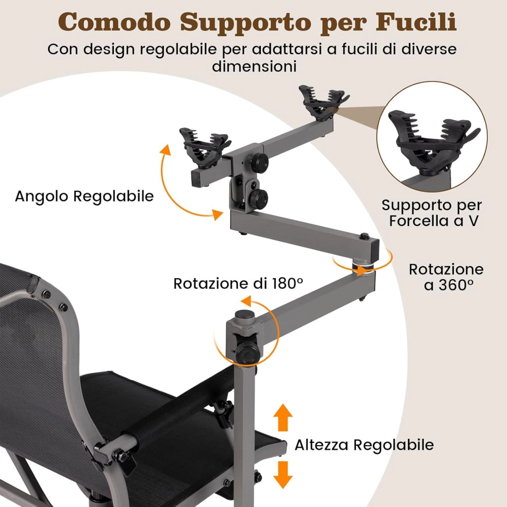 Sedia da Caccia Portatile, Sedia da Tiro con Rotazione a 360°, Poltrona a Caccia Pieghevole con 4 Gambe e Braccioli Regolabili, Supporto per Fucile, Portata 150 kg