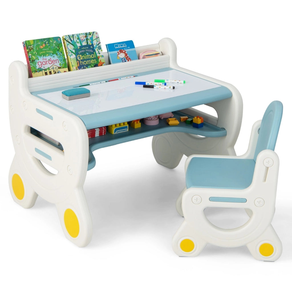 Tavolo da disegno e sedia per bambini con acquarelli e gomma per lavagna, Tavolo con ripiano da leggere Blu-Tavoli e sedie