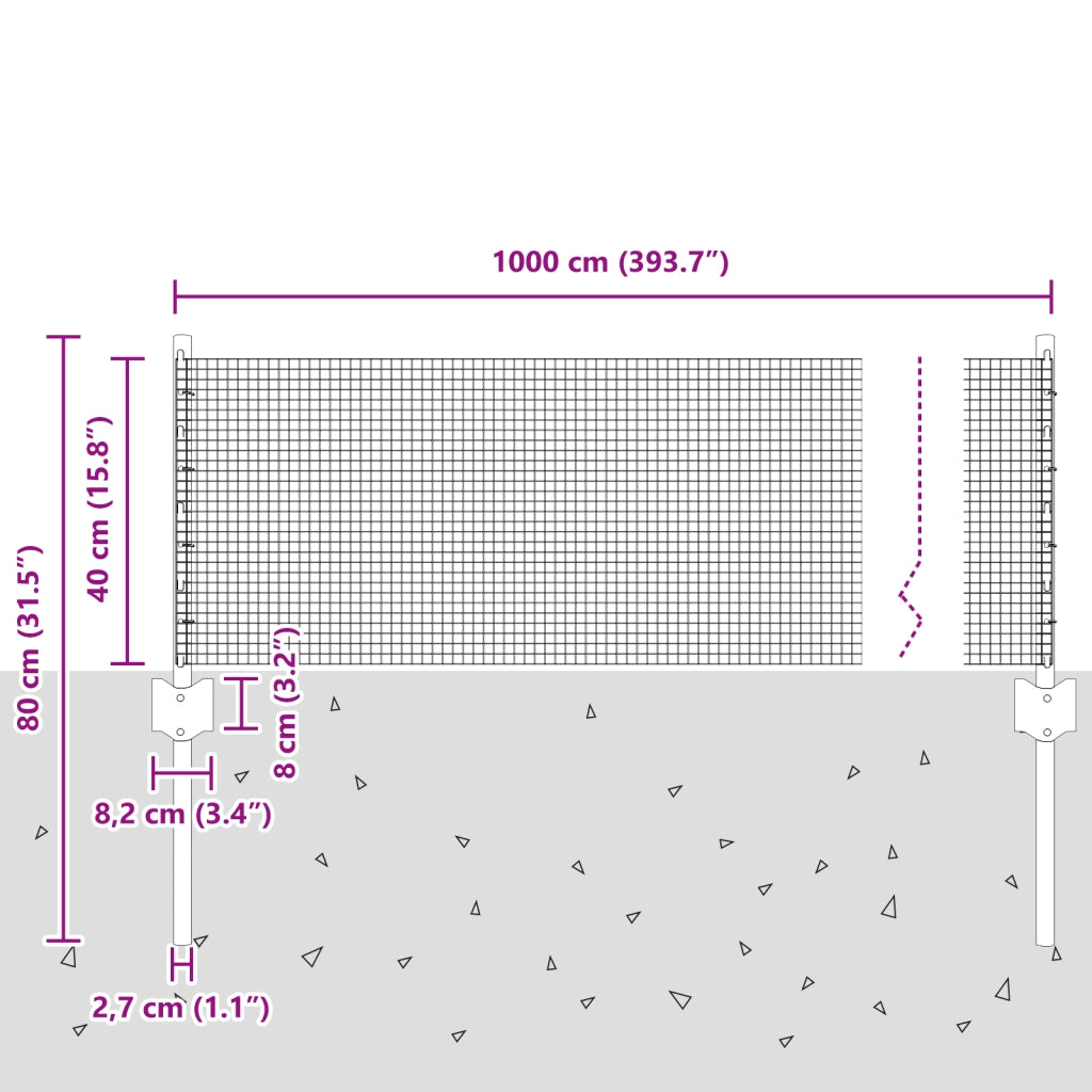 Recinzione in rete saldata con 5 pali U Argento 0.4x10 m Acciaio