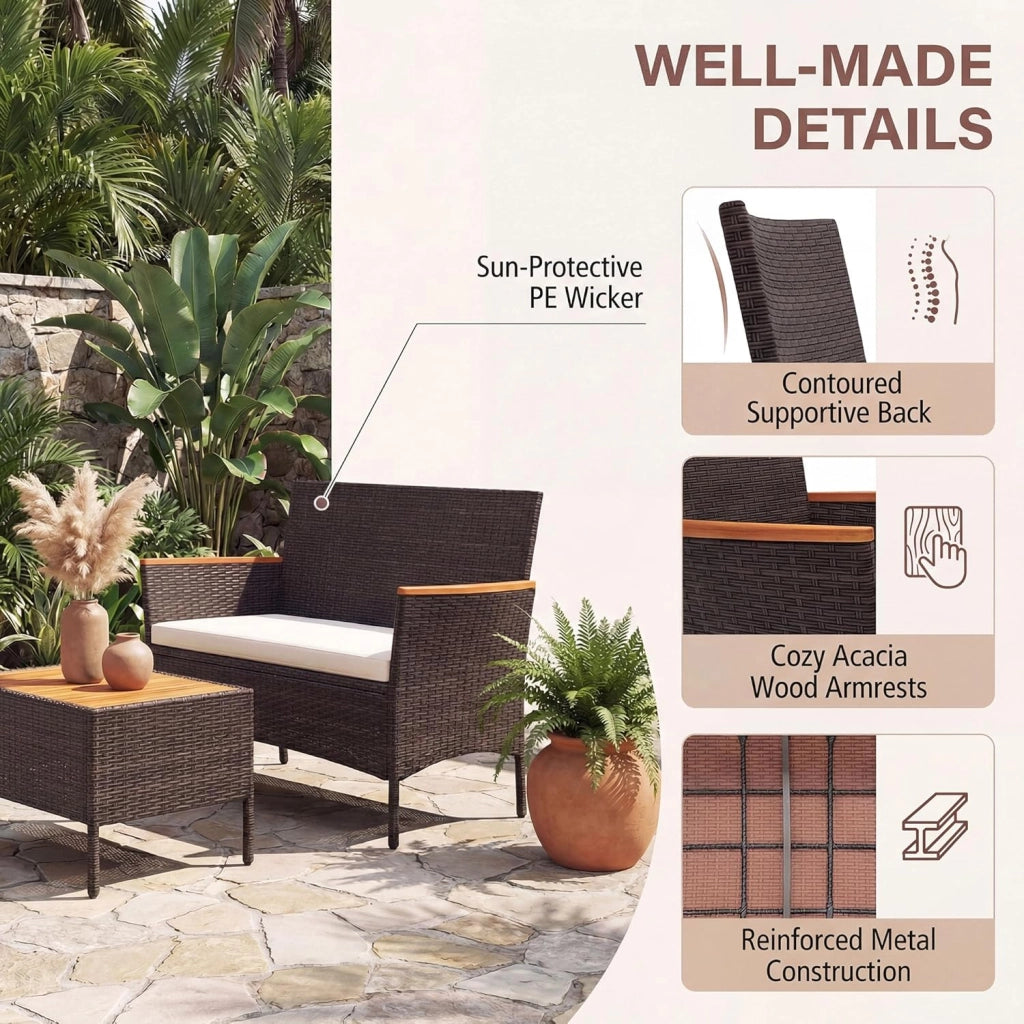 Salotto da Giardino Esterno 4 Pezzi, Set Giardino Esterno in Rattan con 1 Tavolino, 2 Poltrone e 1 Divano 2 Posti, Set Mobili da Patio con Cuscini Morbidi per Patio, Balcone e Piscina
