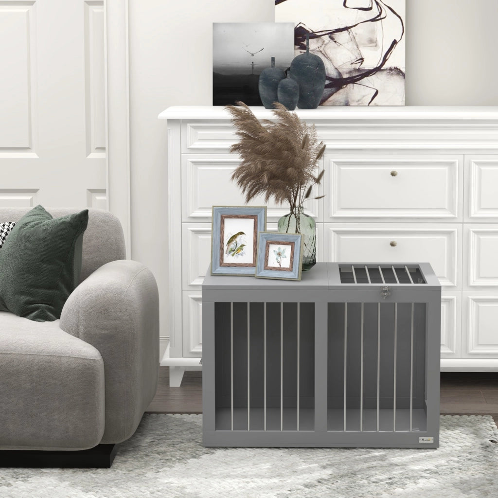 Cuccia per cani chiudibile con due porte, fondo rialzato, in MDF e acciaio, grigio, 80 × 50 × 56,5 cm