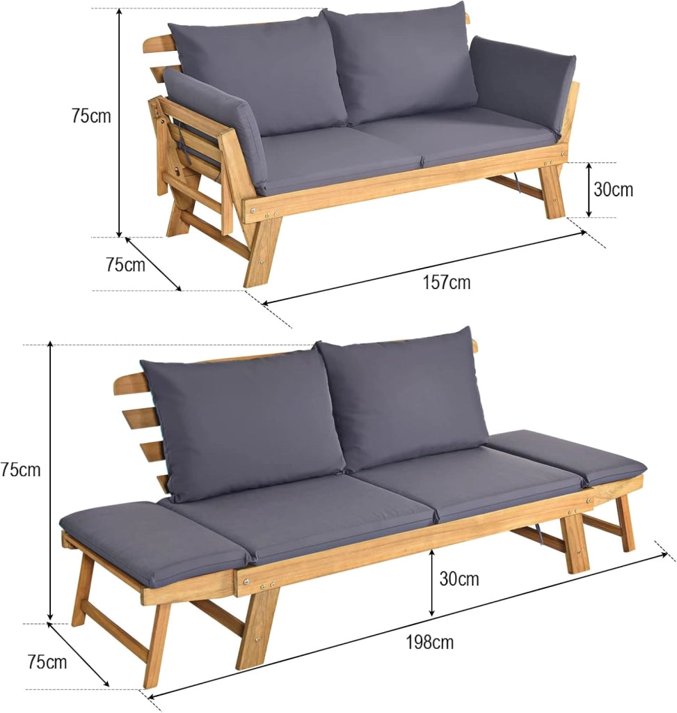 Divano Esterno da Giardino 2 Posti con Cuscino，Set da Giardino in Legno Certificato FSC，Sdraio da Giardino Pieghevole da 2 Persone,153/194 x 72 x 76 cm，Beige/Grigio