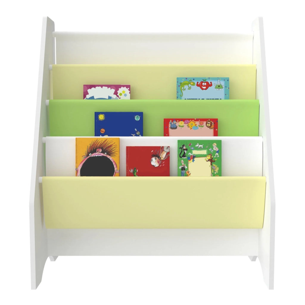 Libreria di design Fisterra per soggiorno mensola in stile originale per bambini con 4 scomparti aperti bianco/verde/giallo 03_0006479