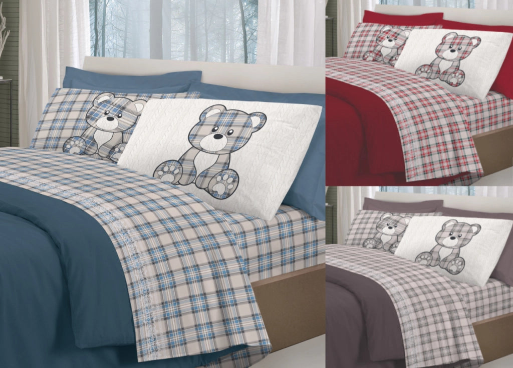Completo Lenzuola Flanella Pensieri Delicati 100% Cotone Disegno Orsetto Tartan - Matrimoniale - Rosso