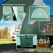 TENDA DA CAMPEGGIO 4 POSTI IDROREPELLENTE CON PROTEZIONE UV PALI IN FIBRA DI VETRO 4.55X2.3X1.8 M VERDE