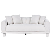 Divano a 3 posti in tessuto bianco sporco con cuscini decorativi extra e gambe rivestite stile retrò-moderno