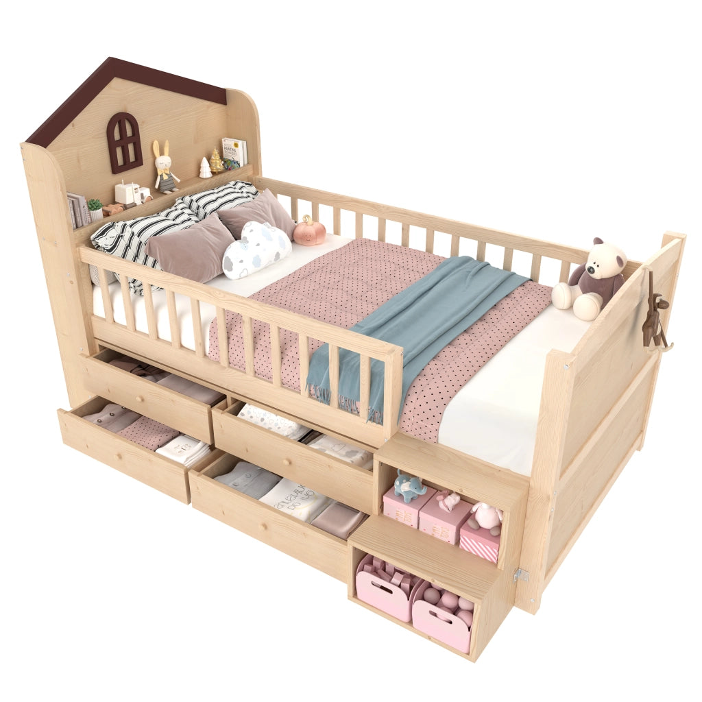 Letto a soppalco basso 90x200 cm in legno di pino, forma casa con LED, 4 cassetti e scala, Naturale