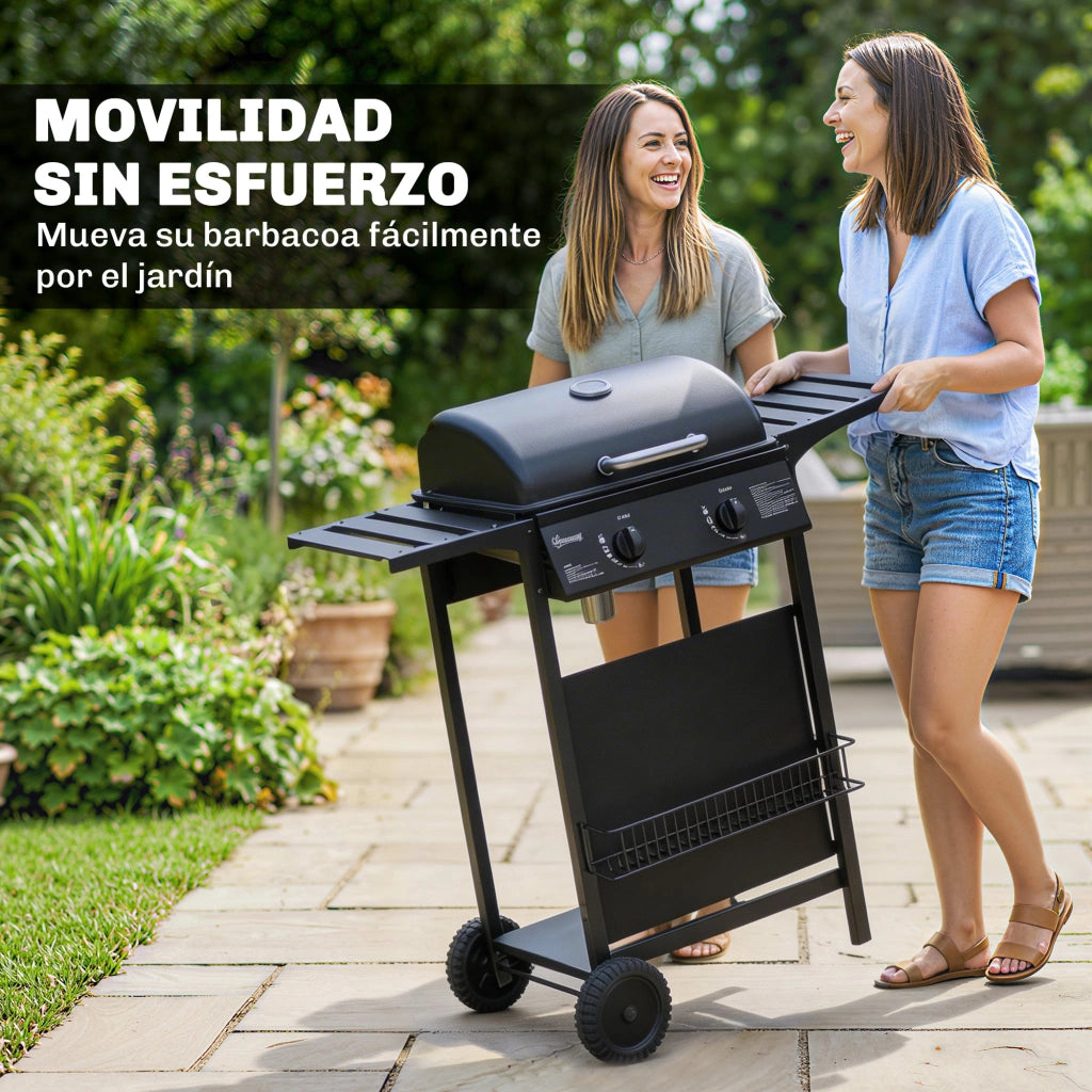 Barbecue a Gas con 2 Bruciatori 5 kW ¨C zephmum ¨C Griglia Riscaldante 2 Ruote Termometro Tavoli Laterali Nero