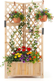 Letto da Giardino Rialzato ad Angolo con Traliccio e Fori di Drenaggio, Fioriera in Legno Elevata per Piante Rampicanti, Fiori e Verdure, Ideale per Interno ed Esterno (Naturale)