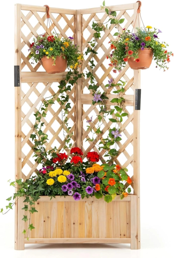 Letto da Giardino Rialzato ad Angolo con Traliccio e Fori di Drenaggio, Fioriera in Legno Elevata per Piante Rampicanti, Fiori e Verdure, Ideale per Interno ed Esterno (Naturale)