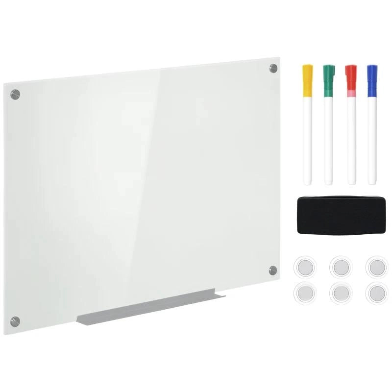 LAVAGNA BIANCA IN VETRO E ALLUMINIO CON 4 PENNARELLI COLORATI E CANCELLINO, 90X60X0.4 CM