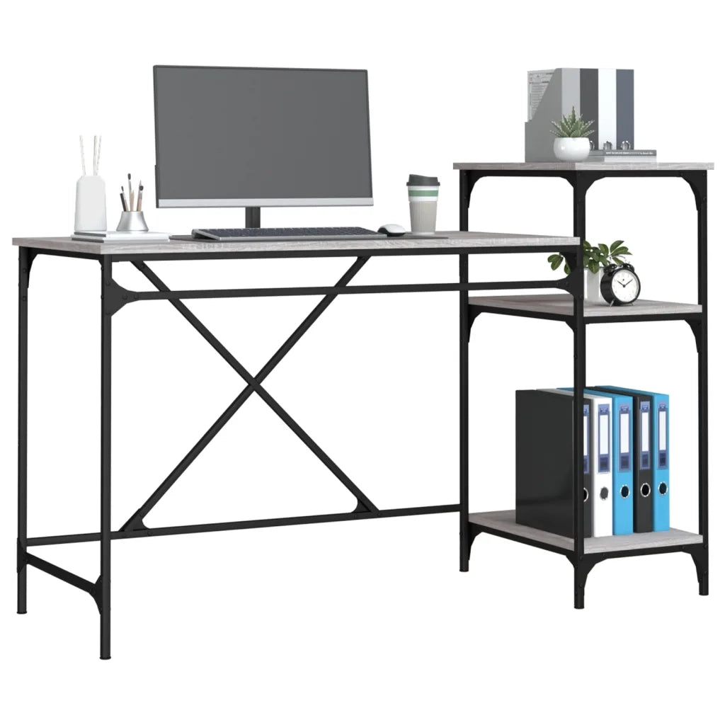 Scrivania Ripiani Grigio Sonoma 135x50x90cm Multistrato e Ferro 826712